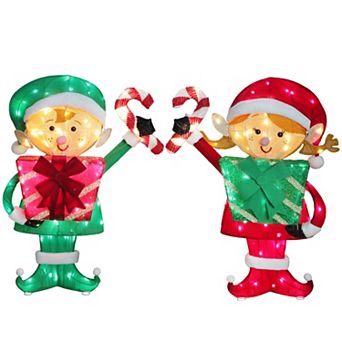 PULEO INTERNATIONAL Set of 2 Elf Couple with Gift Boxes & Candy Cane Outdoor Decor