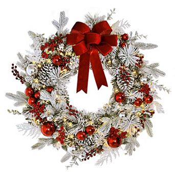 PULEO INTERNATIONAL 32-Inch Pre-Lit Flocked Artificial Christmas Wreath with 120 LED Lights