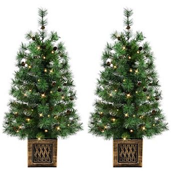 PULEO INTERNATIONAL Set of 2 Pre-Lit Artificial Christmas Trees with Pinecones 35 LED Lights Each