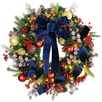 PULEO INTERNATIONAL 26-Inch Pre-Lit Artificial Christmas Wreath with 80 LED Lights & Ornaments