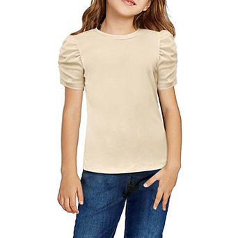 Arshiner Girls Shirts Creweck Puff Sleeve Tops Summer Ribbed Knit Casual Tshirts Tops T-Shirt Blouse