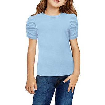 Arshiner Girls Shirts Creweck Puff Sleeve Tops Summer Ribbed Knit Casual Tshirts Tops T-Shirt Blouse