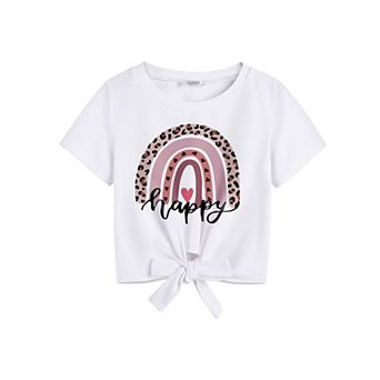 Arshiner Girls Casual Short Sleeve Blouse Tops Kids Tie Knot Crew Neck Shirts