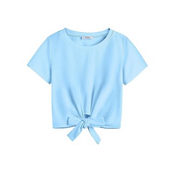 Arshiner Girls Casual Short Sleeve Blouse Tops Kids Tie Knot Crew Neck Shirts