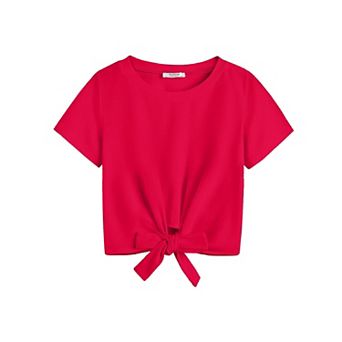 Arshiner Girls Casual Short Sleeve Blouse Tops Kids Tie Knot Crew Neck Shirts