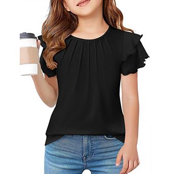 Arshiner Girls Summer T Shirts Crewneck Pleated Ruffle Short Sleeve Cute Casual Tops
