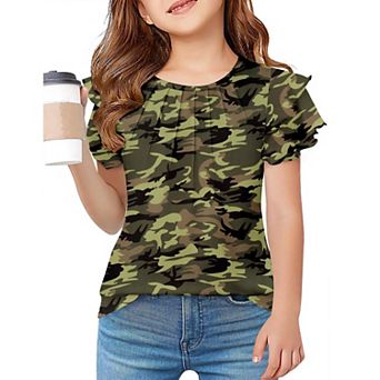 Arshiner Girls Summer T Shirts Crewneck Pleated Ruffle Short Sleeve Cute Casual Tops