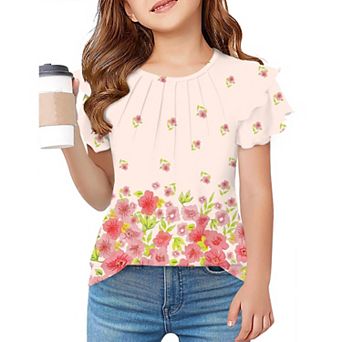 Arshiner Girls Summer T Shirts Crewneck Pleated Ruffle Short Sleeve Cute Casual Tops