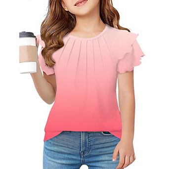 Arshiner Girls Summer T Shirts Crewneck Pleated Ruffle Short Sleeve Cute Casual Tops