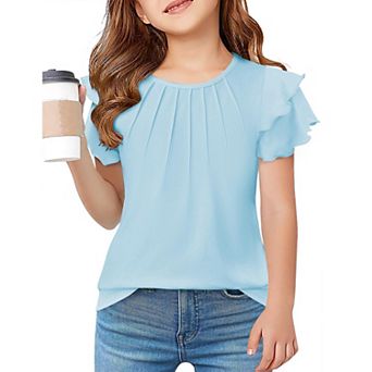 Arshiner Girls Summer T Shirts Crewneck Pleated Ruffle Short Sleeve Cute Casual Tops