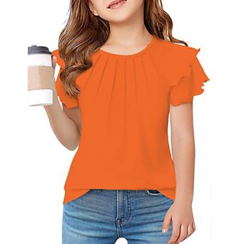 Arshiner Girls Summer T Shirts Crewneck Pleated Ruffle Short Sleeve Cute Casual Tops