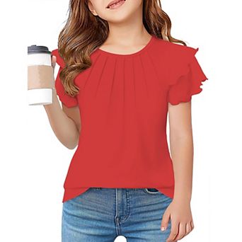 Arshiner Girls Summer T Shirts Crewneck Pleated Ruffle Short Sleeve Cute Casual Tops