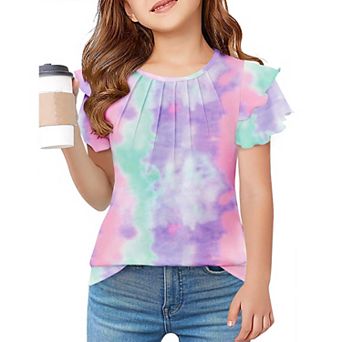 Arshiner Girls Summer T Shirts Crewneck Pleated Ruffle Short Sleeve Cute Casual Tops