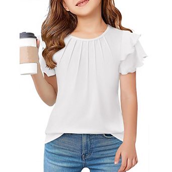 Arshiner Girls Summer T Shirts Crewneck Pleated Ruffle Short Sleeve Cute Casual Tops
