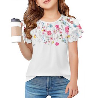 Arshiner Girls Summer T Shirts Crewneck Pleated Ruffle Short Sleeve Cute Casual Tops