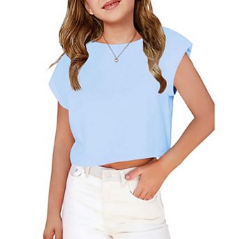 Arshiner Girls Short Sleeve Cropped Tshirts Crew Neck Loose Crop Tops Summer Casual Drop Shoulder