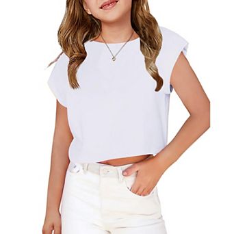 Arshiner Girls Short Sleeve Cropped Tshirts Crew Neck Loose Crop Tops Summer Casual Drop Shoulder