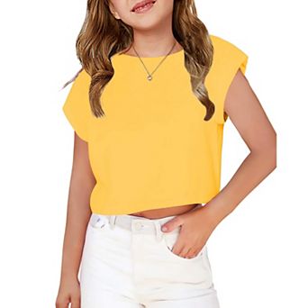Arshiner Girls Short Sleeve Cropped Tshirts Crew Neck Loose Crop Tops Summer Casual Drop Shoulder