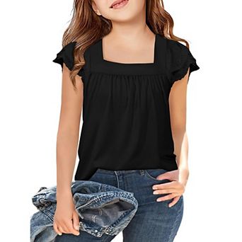 Arshiner Girls Shirts Short Sleeve Square Neck Summer Lace Openwork Pleated Tops Blouse Tunic