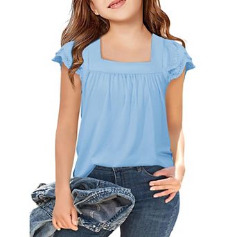 Arshiner Girls Shirts Short Sleeve Square Neck Summer Lace Openwork Pleated Tops Blouse Tunic