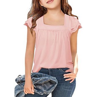 Arshiner Girls Shirts Short Sleeve Square Neck Summer Lace Openwork Pleated Tops Blouse Tunic