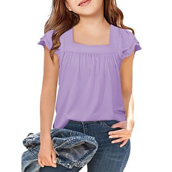 Arshiner Girls Shirts Short Sleeve Square Neck Summer Lace Openwork Pleated Tops Blouse Tunic