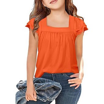 Arshiner Girls Shirts Short Sleeve Square Neck Summer Lace Openwork Pleated Tops Blouse Tunic