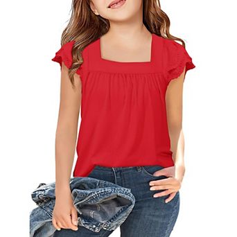 Arshiner Girls Shirts Short Sleeve Square Neck Summer Lace Openwork Pleated Tops Blouse Tunic
