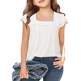 Arshiner Girls Shirts Short Sleeve Square Neck Summer Lace Openwork Pleated Tops Blouse Tunic