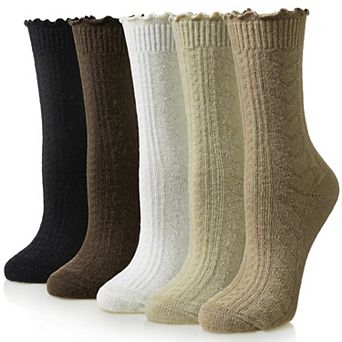 Women Merino Ruffle Thermal Warm Crew Socks 5 Pairs Cozy Hiking Winter Wear