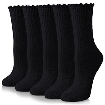 Women Merino Ruffle Thermal Warm Crew Socks 5 Pairs Cozy Hiking Winter Wear