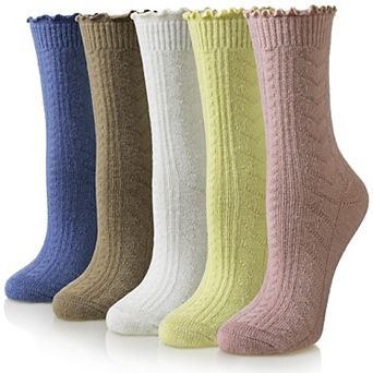 Women Merino Ruffle Thermal Warm Crew Socks 5 Pairs Cozy Hiking Winter Wear