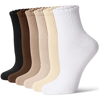 Women Mini Crew Socks Scalloped Top Arch Support Seamless Toe Casual 6 Pairs