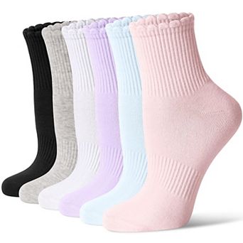 Women Mini Crew Socks Scalloped Top Arch Support Seamless Toe Casual 6 Pairs