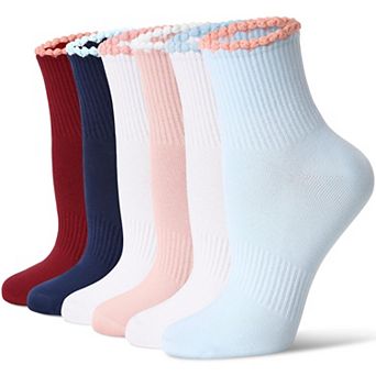 Women Mini Crew Socks Scalloped Top Arch Support Seamless Toe Casual 6 Pairs