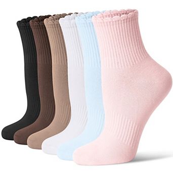 Women Mini Crew Socks Scalloped Top Arch Support Seamless Toe Casual 6 Pairs