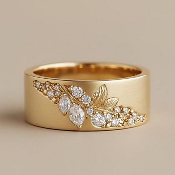 Women's Vintage Luxury Wide Band Ring with Leaf-Inlaid Synthetic Zircon April Birthstone
