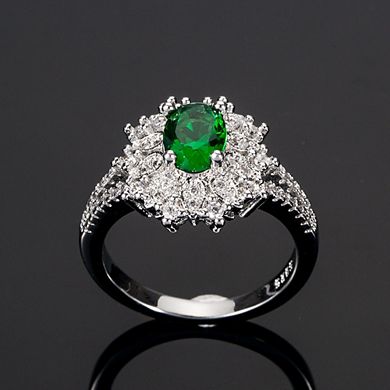 Classical Floral Ring Oval Cut Green Stone Promise Ring