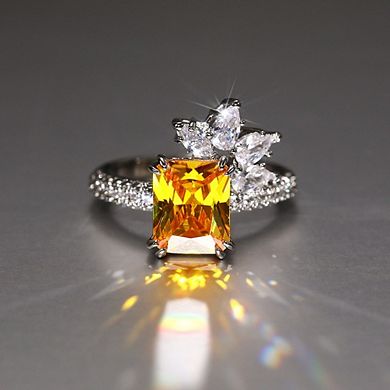 Citrine Flower Cocktail Ring Cubic Zirconia Promise Ring
