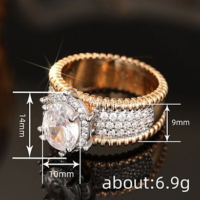 Women Vintage Two Tone Zirconia Halo Wide Ring