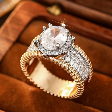 Women Vintage Two Tone Zirconia Halo Wide Ring