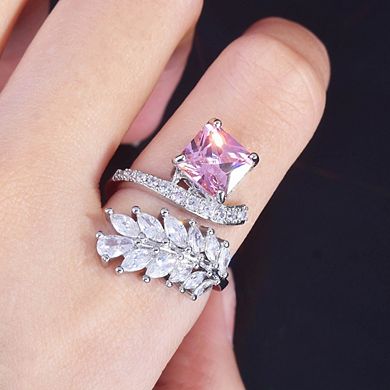 Branch Leaf Open Ring Adjustable Wedding Ring with Yellow & Pink CZ Crystals