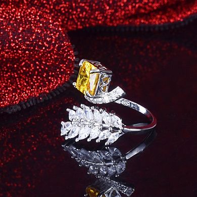 Branch Leaf Open Ring Adjustable Wedding Ring with Yellow & Pink CZ Crystals