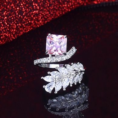 Branch Leaf Open Ring Adjustable Wedding Ring with Yellow & Pink CZ Crystals