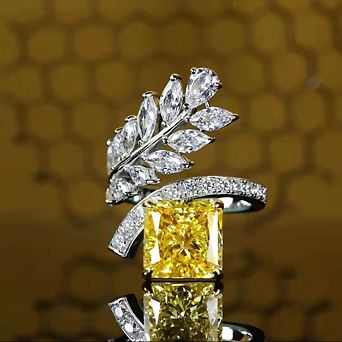 Branch Leaf Open Ring Adjustable Wedding Ring with Yellow & Pink CZ Crystals