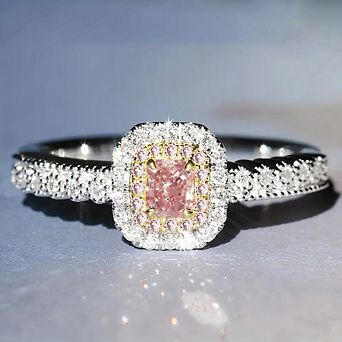 Women's Copper Ring with Square Pink Zircon Wedding Anniversary Party Jewelry