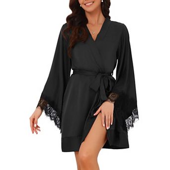 Women's Kimono Robe Lace V Neck Satin Silky Short Robes Bathrobe Sleepwear for Wedding Night Bride