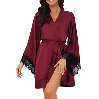 Women's Kimono Robe Lace V Neck Satin Silky Short Robes Bathrobe Sleepwear for Wedding Night Bride