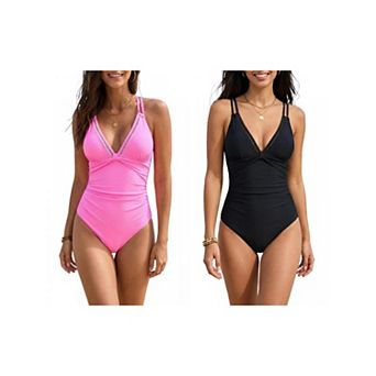 2 Packs Women's Cut Out Monokini Bikini 1 pc Spaghetti Straps Tops Tummy Control Swimwear