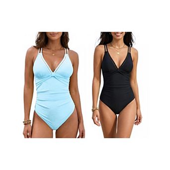 2 Packs Women's Cut Out Monokini Bikini 1 pc Spaghetti Straps Tops Tummy Control Swimwear